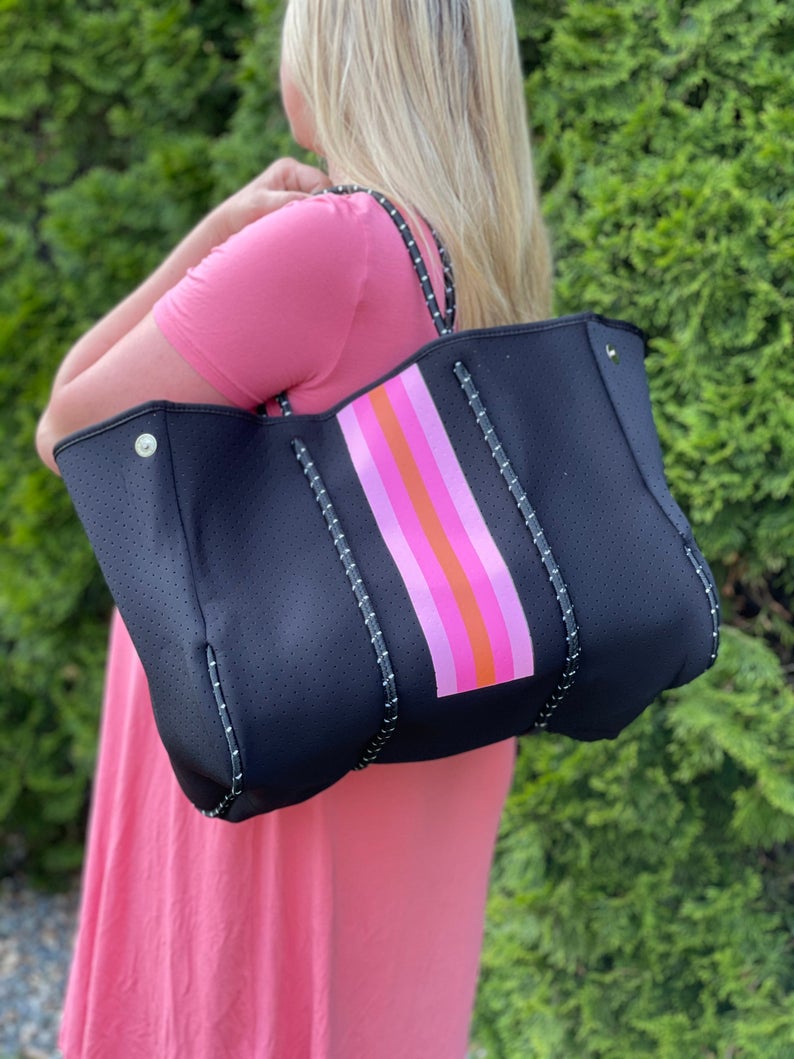 the-aniella-neoprene-tote-black-with-pink-orange-stripe-babs+birdie-plain+plaid-2