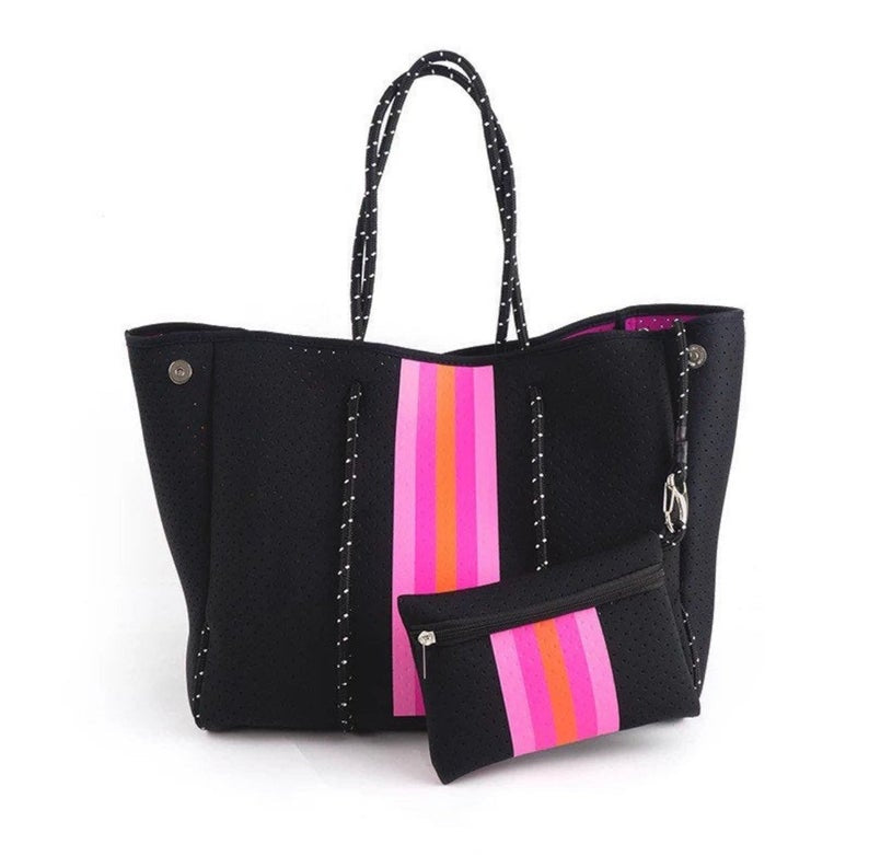 the-aniella-neoprene-tote-black-with-pink-orange-stripe-babs+birdie-plain+plaid-1